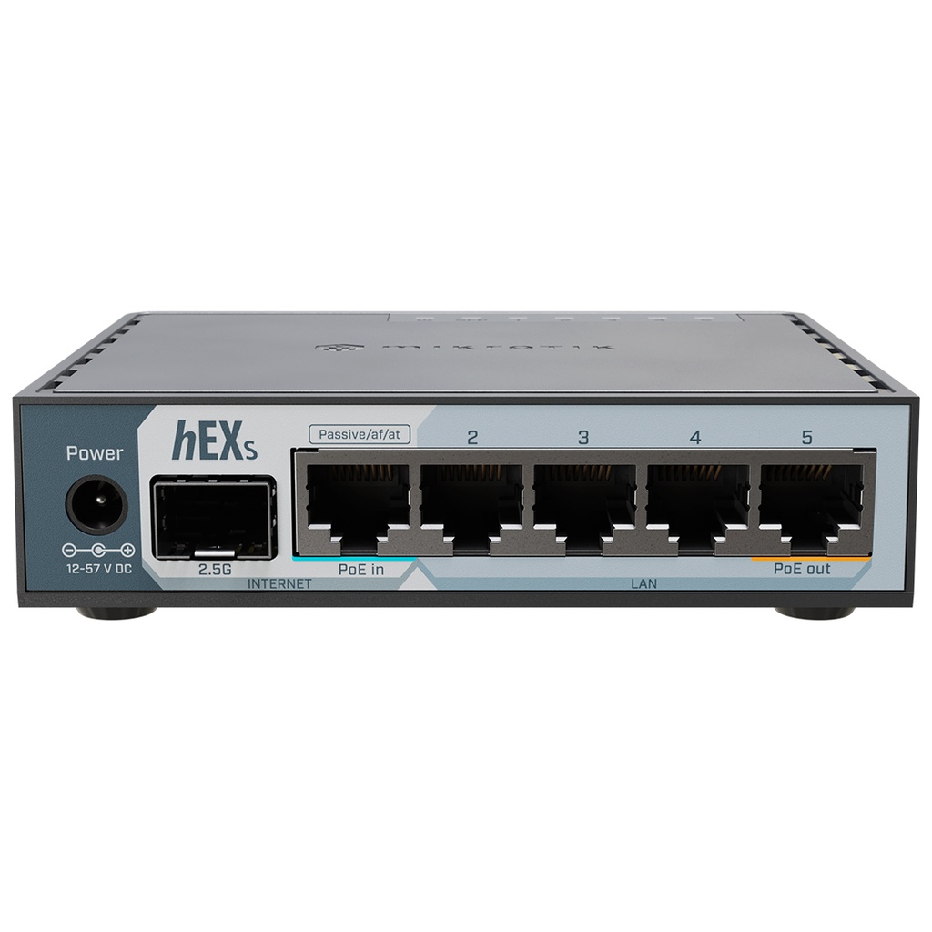 E60iUGS, hEX S, Ruteador Dual Core 950MHz, 512MB RAM, 2.5G SFP, 5xGEth, USB, RouterOS v7 L4, gabinete plástico
