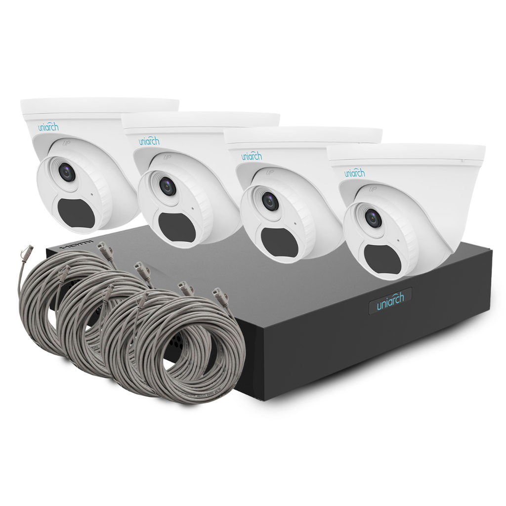 KIT-IPC-T132&NVR-104S3-P4, Kit 4  Cámara IP Eyeball 2MP, Lente 2.8mm, IR 30m, PoE-af, para INTERIORES, NVR de 4 puertos PoE y 4 cables Cat6 de 18m 