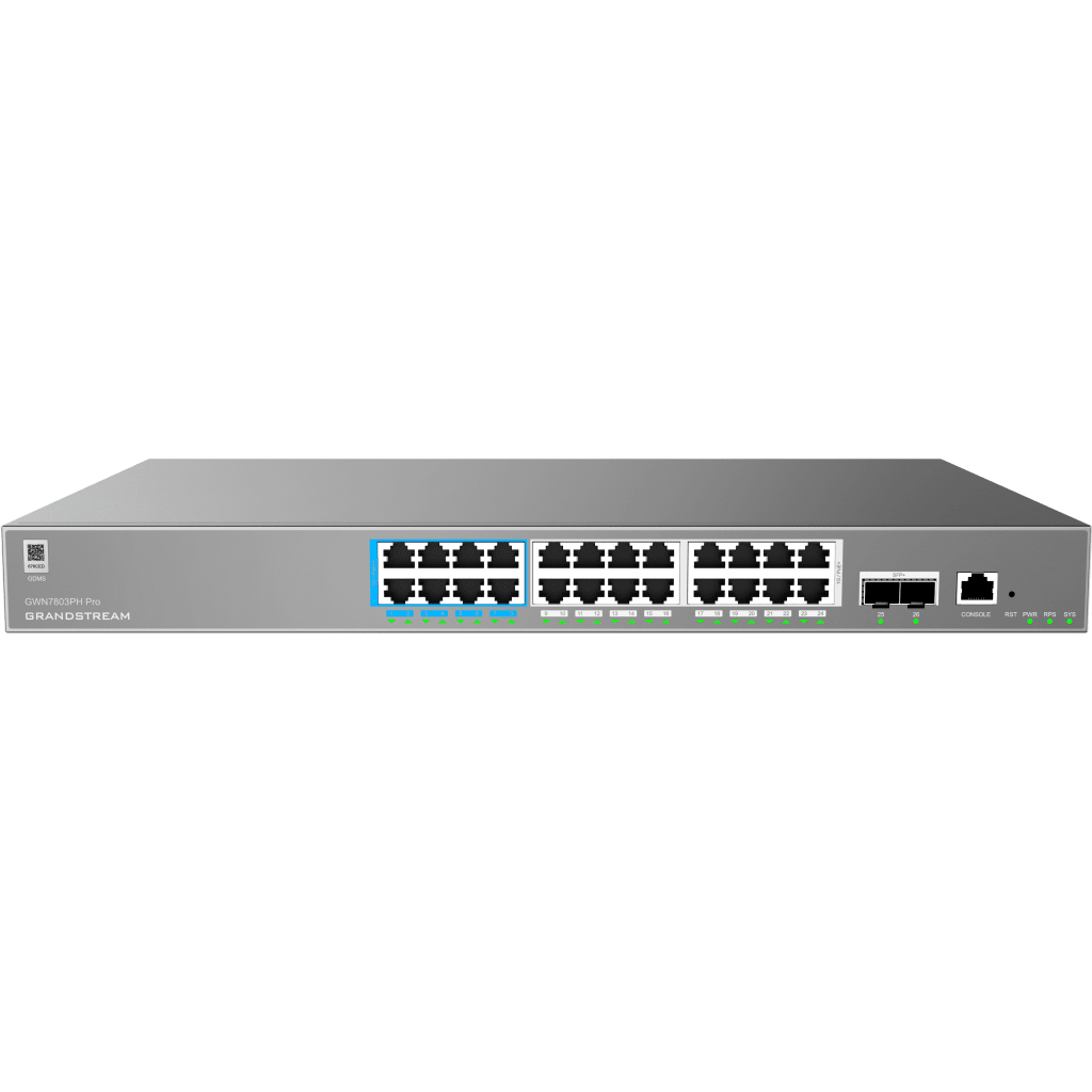 GWN7803PH Pro, Switch PoE Administrable capa 2++, 24 x GigaEth PoE/PoE+/PoE++ y 2 x 10Giga SFP+, 471.4w, 60w máx puerto PoE