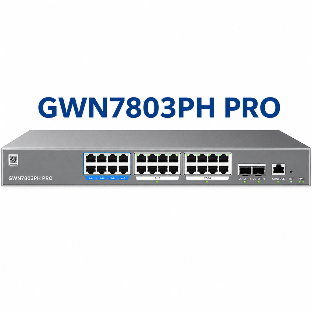 GWN7803PH-Pro, Switch PoE Administrable capa 2++, 24 x GigaEth PoE/PoE+/PoE++ y 2 x 10Giga SFP+, 471.4w, 60w máx puerto PoE