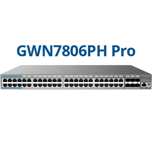GWN7806PH-Pro, Switch PoE Administrable capa 2++, 48 x GigaEth PoE/PoE+/PoE++ y 6 x 10Giga SFP+, 870.9w, 60w máx puerto PoE