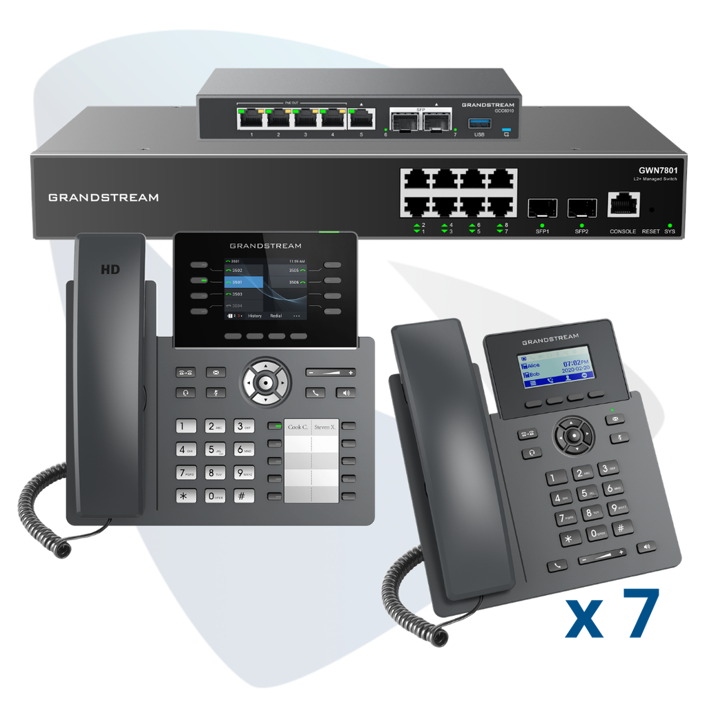 PAQ-GCC-8GRP, Conmutador convergente, 8 teléfonos IP y switch, incluye: GCC6010, 7 x GRP2601, GRP2634 y GWN7801