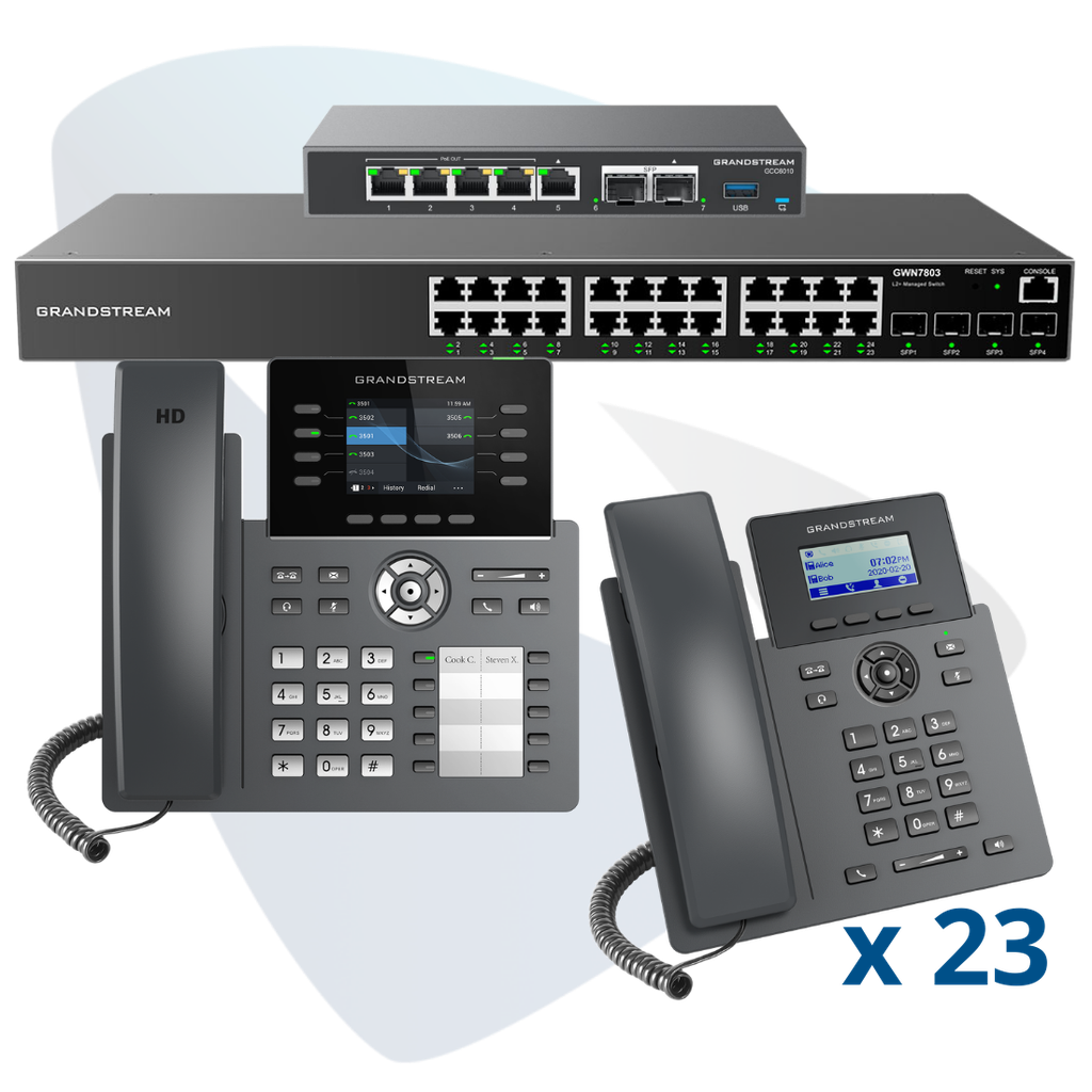 PAQ-GCC-24GRP, Conmutador convergente, 24 teléfonos IP y switch, incluye: GCC6010, 23 x GRP2601, GRP2634, GWN7803 y GCC-UC-50-EXT