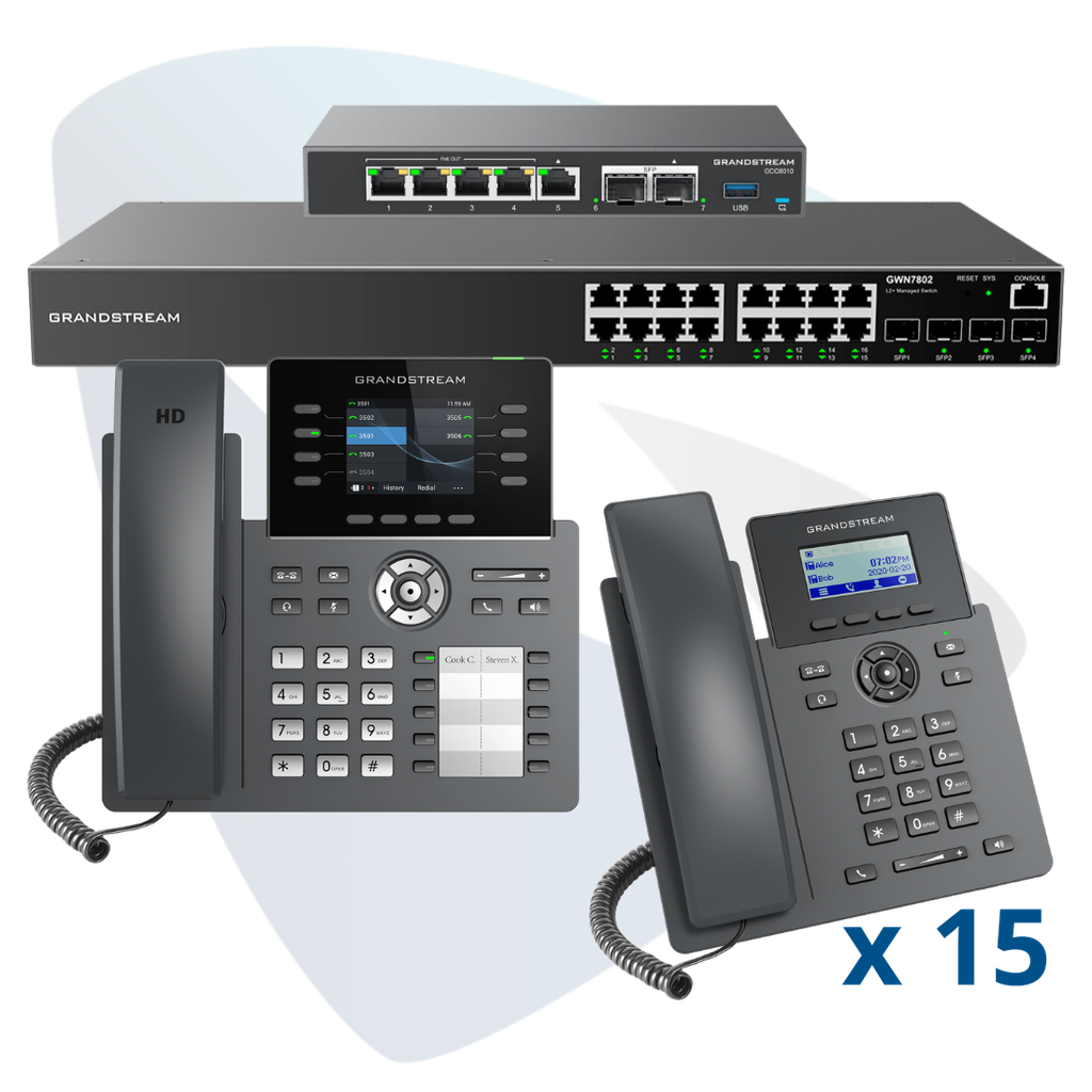 PAQ-GCC-16GRP, Conmutador convergente, 16 teléfonos IP y switch, incluye: GCC6010, 15 x GRP2601, GRP2634, GWN7802 y GCC-UC-50-EXT