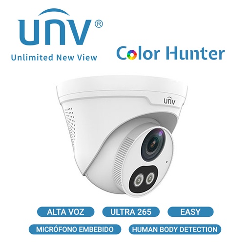 [IPC3614LE-ADF28KC-WL] IPC3614LE-ADF28KC-WL, Cámara IP Domo Turret Ultra265 2MP, lente fijo 2.8mm, Micrófono y altavoz, WDR, Exterior, 30m IR (Serie Easy) 