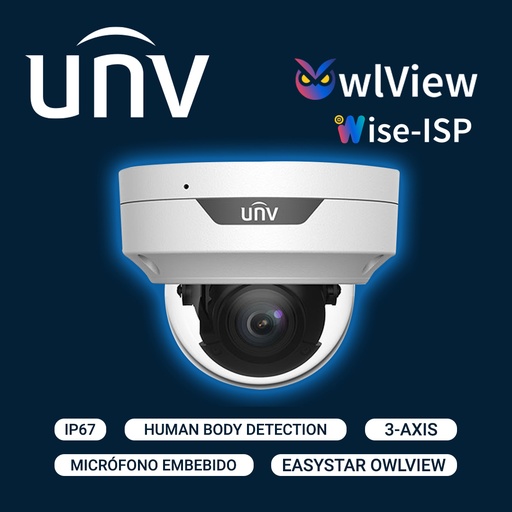 [IPC3514LE-ADF28K-WP] IPC3514LE-ADF28K-WP, Cámara IP domo OWLVIEW, 4 MP, con lente fijo 2.8MM, WDR120DB, micrófono integrado, HBD, ONVIF, IP 67, IK 10,3 AXIS, ultra 265, (Serie EASY STAR)