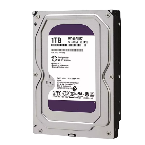 [WD10PURZ] WD10PURZ, Disco Duro Serie Purple, 1TB, SATA 6Gb/s, 3.5", velocidad 110MB/s, Caché 64MB, para videovigilancia 7x24