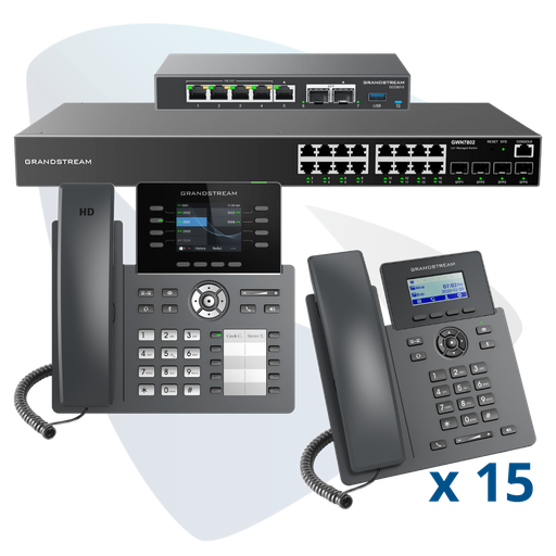 [PAQ-GCC-16GRP] PAQ-GCC-16GRP, Conmutador convergente, 16 teléfonos IP y switch, incluye: GCC6010, 15 x GRP2601, GRP2634, GWN7802 y GCC-UC-50-EXT